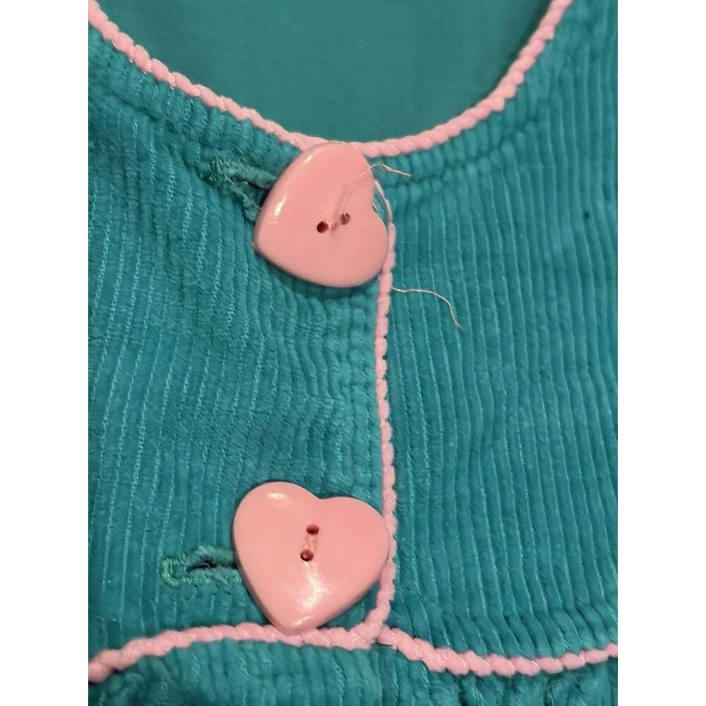 Vtg 80s Girl Corduroy Overalls Size 12 Months  Teal Pink Cat  Heart Buttons